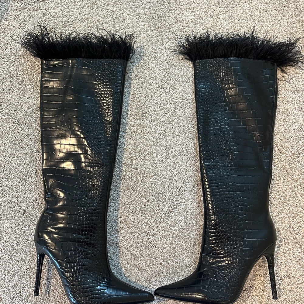 Black faux Croc-Embossed Knee-High Boots with feather trim